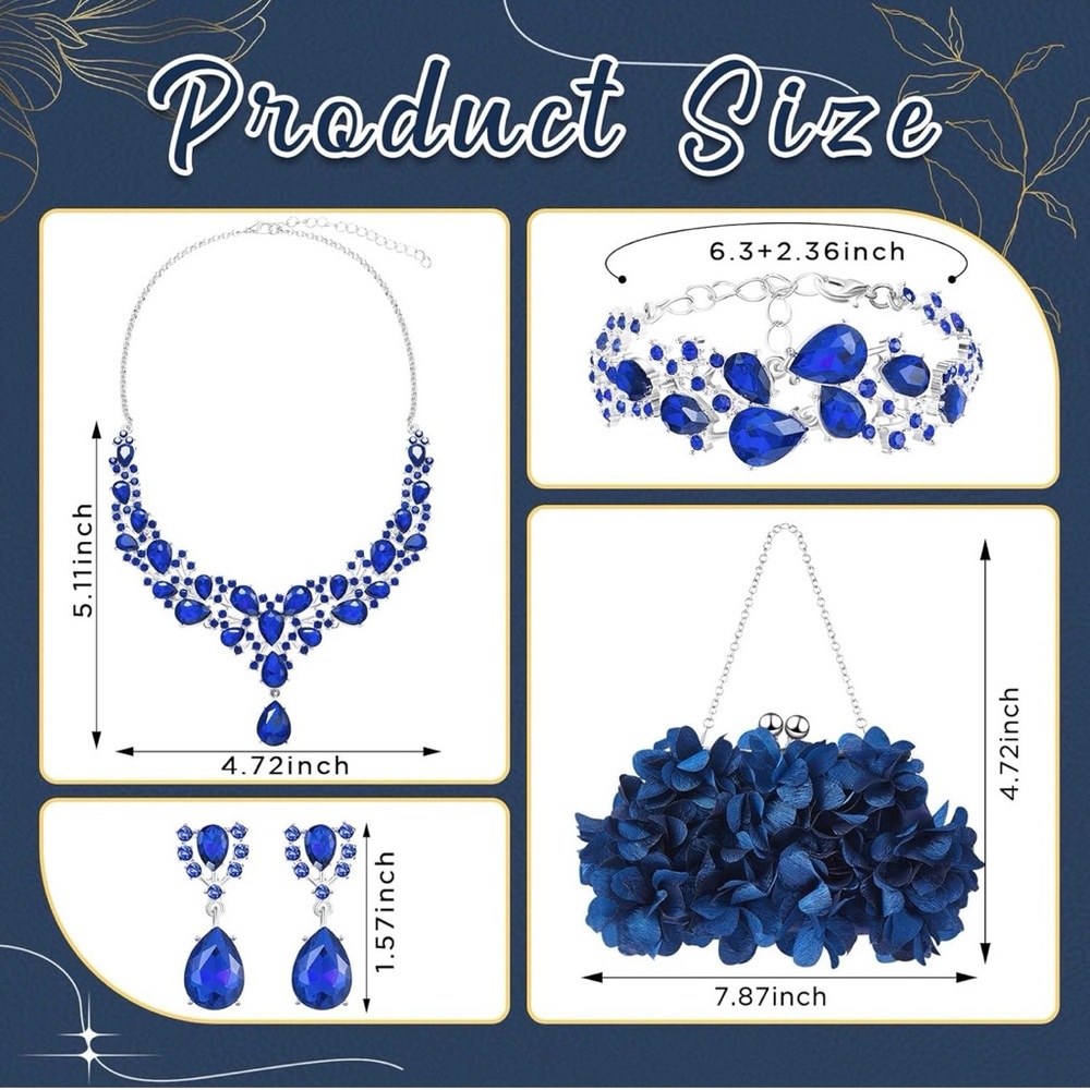 4 Pcs Flower Clutch Rhinestone Jewelry Set Clutch Necklace Earrings Bracelet - Picture 2 of 6